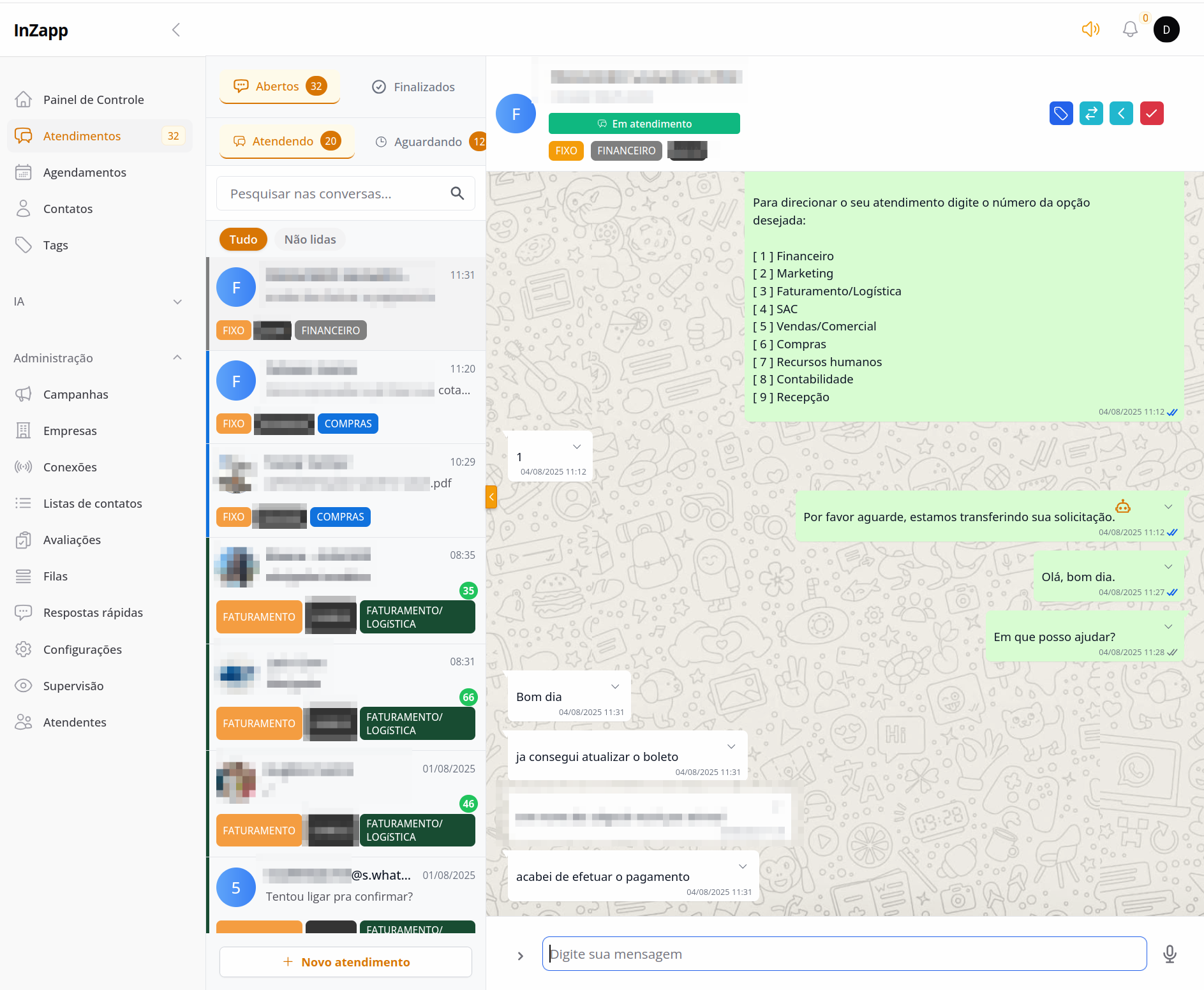 Print de atendimento do sistema inZAPP
