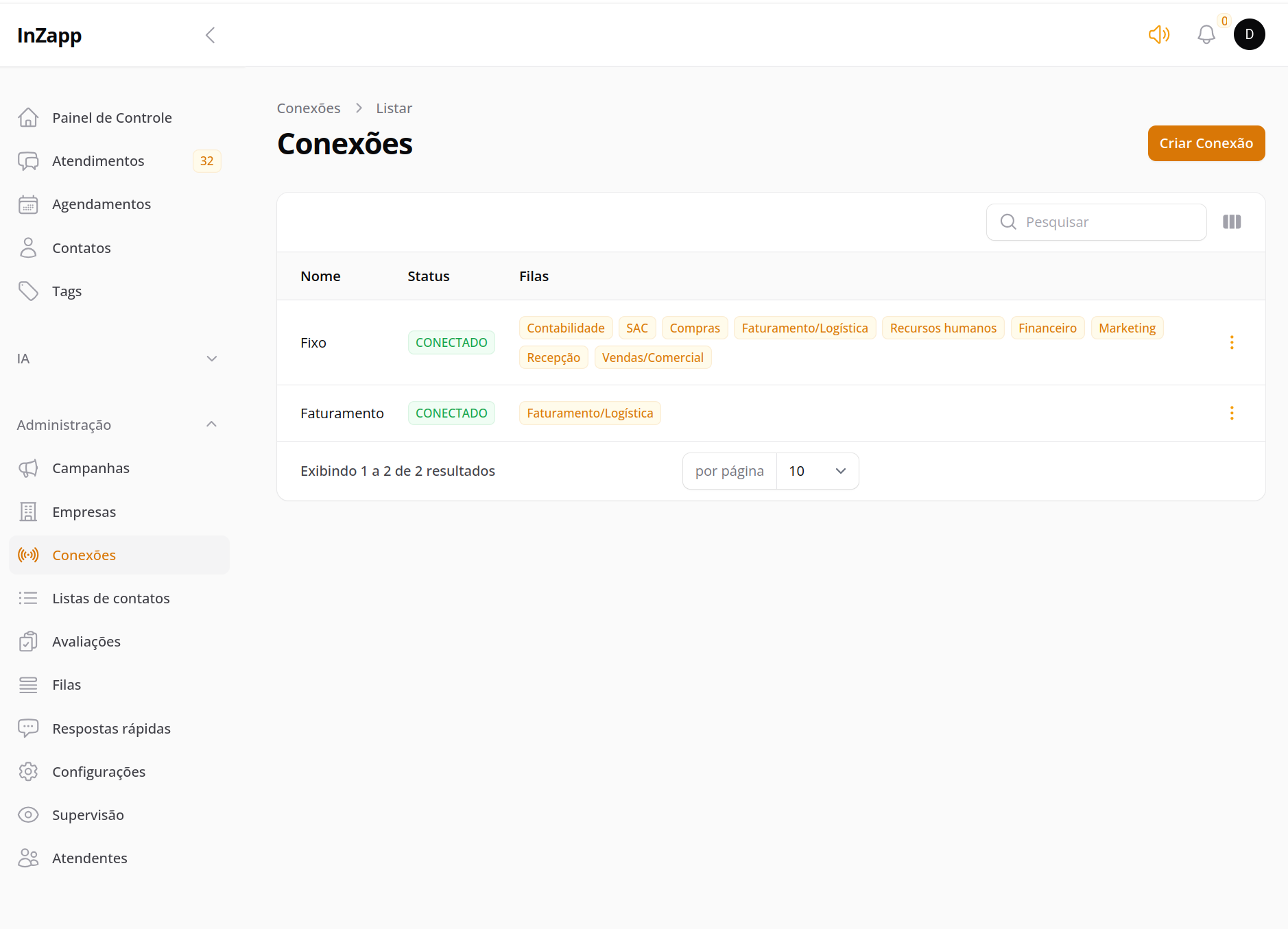 Print de conexões do sistema inZAPP