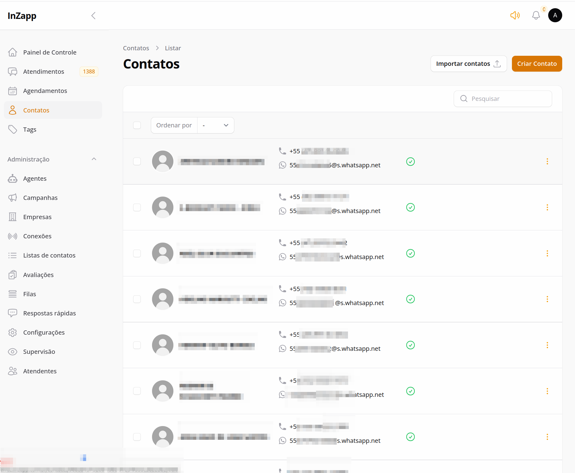 Print de contatos do sistema inZAPP