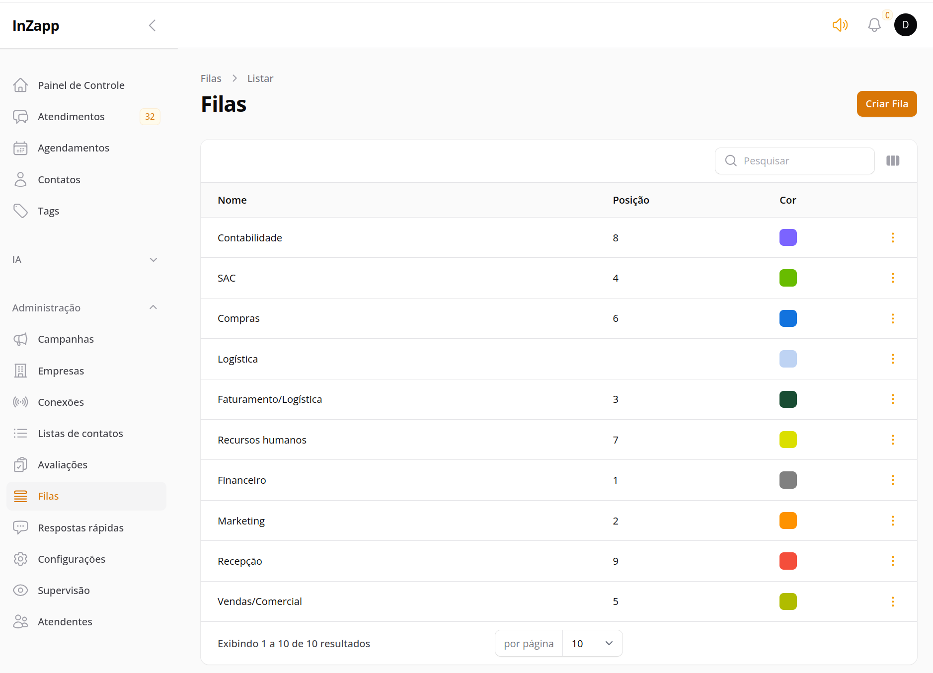 Print de filas e departamentos do sistema inZAPP